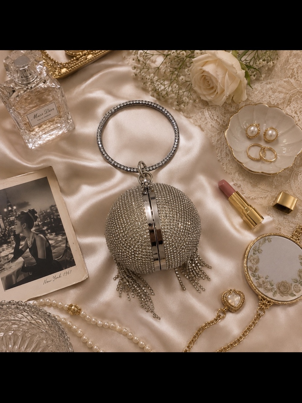 New Silver Rhinestone Sphere Clutch Evening Bag w/ Crystal Ring Handle & Fringe